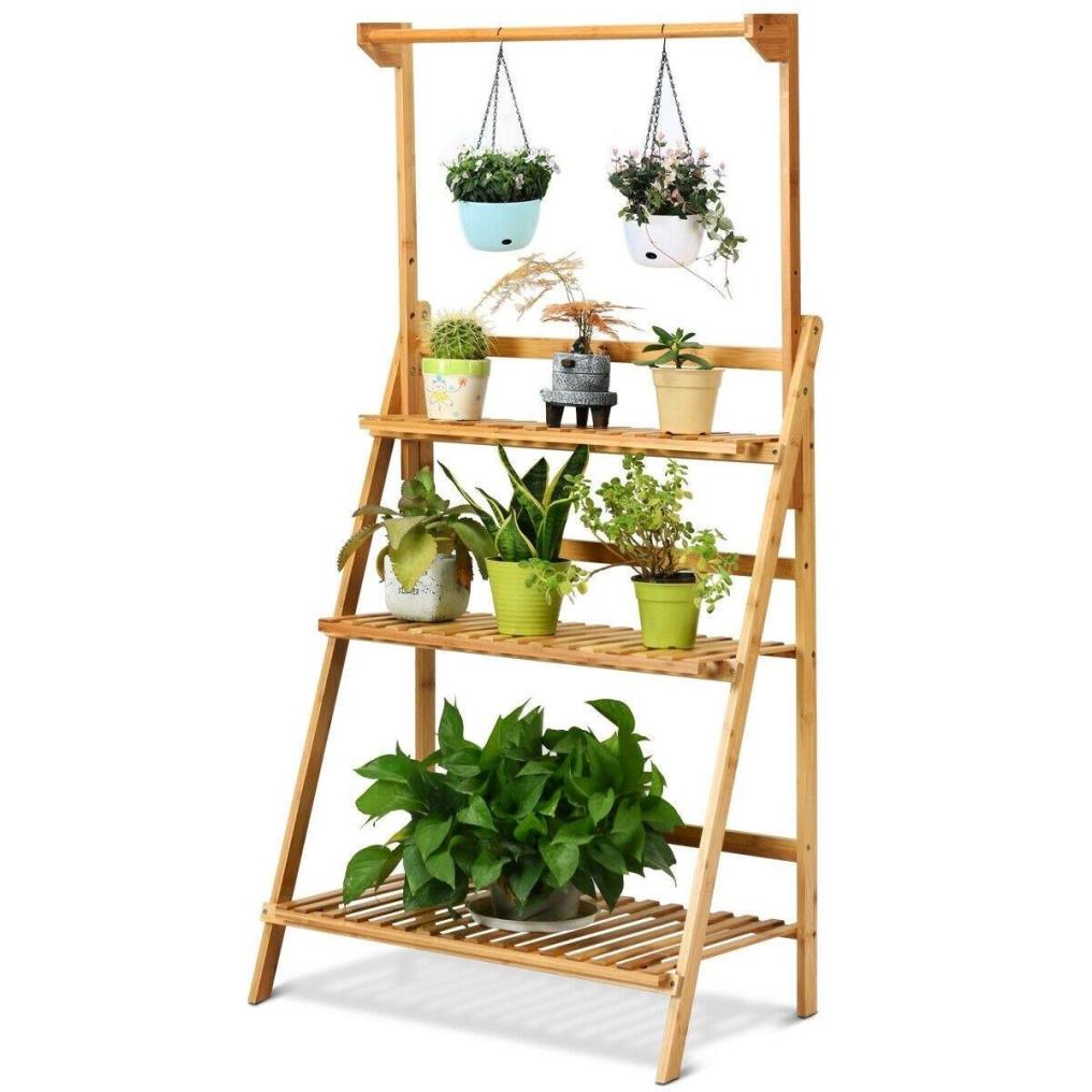 3 Tier Bamboo Hanging Plant Stand Folding Planter Shelf Indoor Outdoor Flower Pot Organizer Display Storage Rack with Adjustable Hanger Rod
