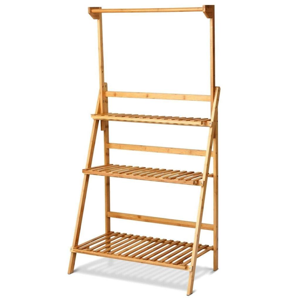 3 Tier Bamboo Hanging Plant Stand Folding Planter Shelf Indoor Outdoor Flower Pot Organizer Display Storage Rack with Adjustable Hanger Rod
