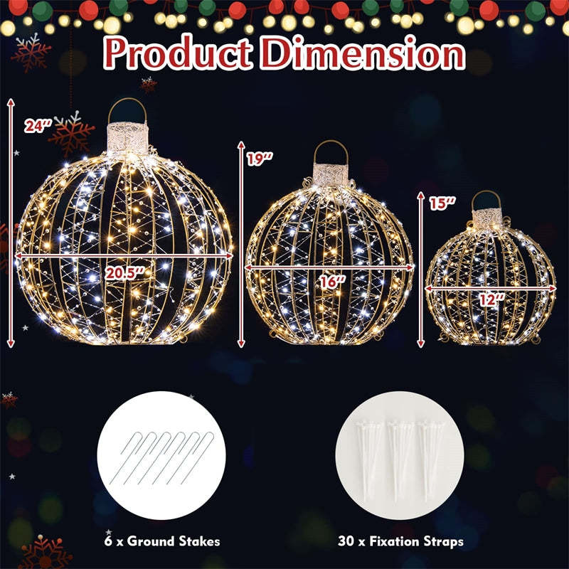3 Pack Christmas LED Light Balls Lighted Sphere Balls with 180 Warm White & 180 White LED Lights