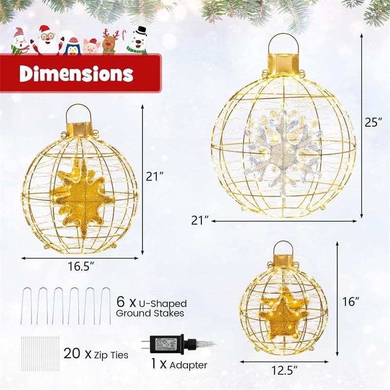 3-Pack Christmas LED Lighted Sphere Balls, Pre-Lit Lantern Balls with 732 Lights, Zip Ties & Ground Stakes, Tree Globe Lights for Indoor Outdoor Decor