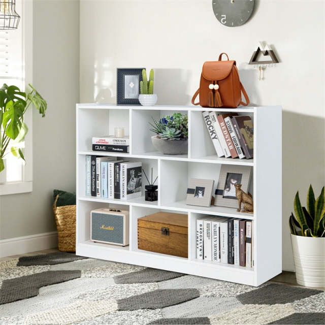 Wood 8-Cube Open Bookcase 3-Tier Storage Bookshelf Modern Multipurpose Display Organizer Cabinet for Kids Playroom, Living Room, Study