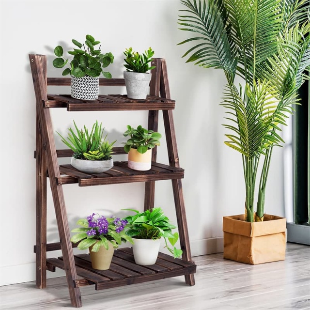 3 Tier Folding Wood Plant Stand Flower Pot Holder Display Rack Foldable Rustic Ladder Shelf for Home Patio Balcony Garden