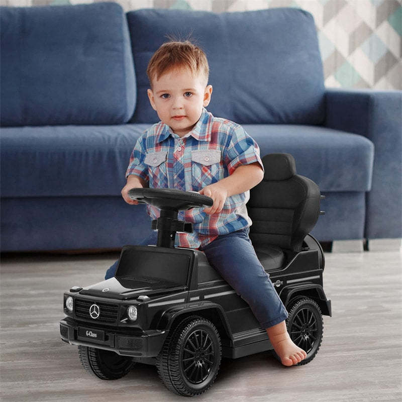 3-in-1 Push Car for Toddlers, Mercedes Benz G350 Stroller Sliding Car w/Canopy, Handle, Guardrail & Storage, Foot-to-Floor Ride-On Toy for Kids