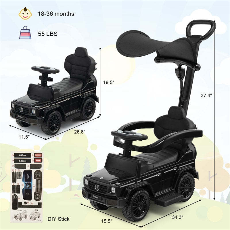 3-in-1 Push Car for Toddlers, Mercedes Benz G350 Stroller Sliding Car w/Canopy, Handle, Guardrail & Storage, Foot-to-Floor Ride-On Toy for Kids