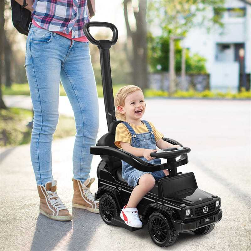 3-in-1 Push Car for Toddlers, Mercedes Benz G350 Stroller Sliding Car w/Canopy, Handle, Guardrail & Storage, Foot-to-Floor Ride-On Toy for Kids