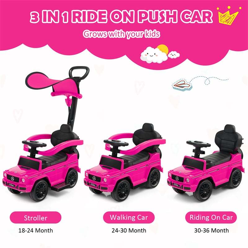 3-in-1 Push Car for Toddlers, Mercedes Benz G350 Stroller Sliding Car w/Canopy, Handle, Guardrail & Storage, Foot-to-Floor Ride-On Toy for Kids