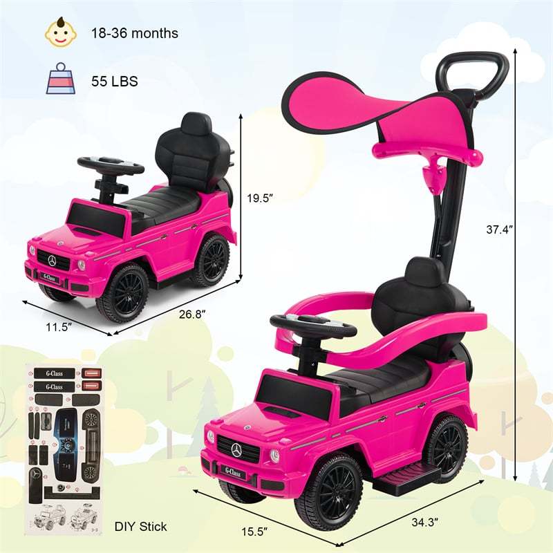 3-in-1 Push Car for Toddlers, Mercedes Benz G350 Stroller Sliding Car w/Canopy, Handle, Guardrail & Storage, Foot-to-Floor Ride-On Toy for Kids