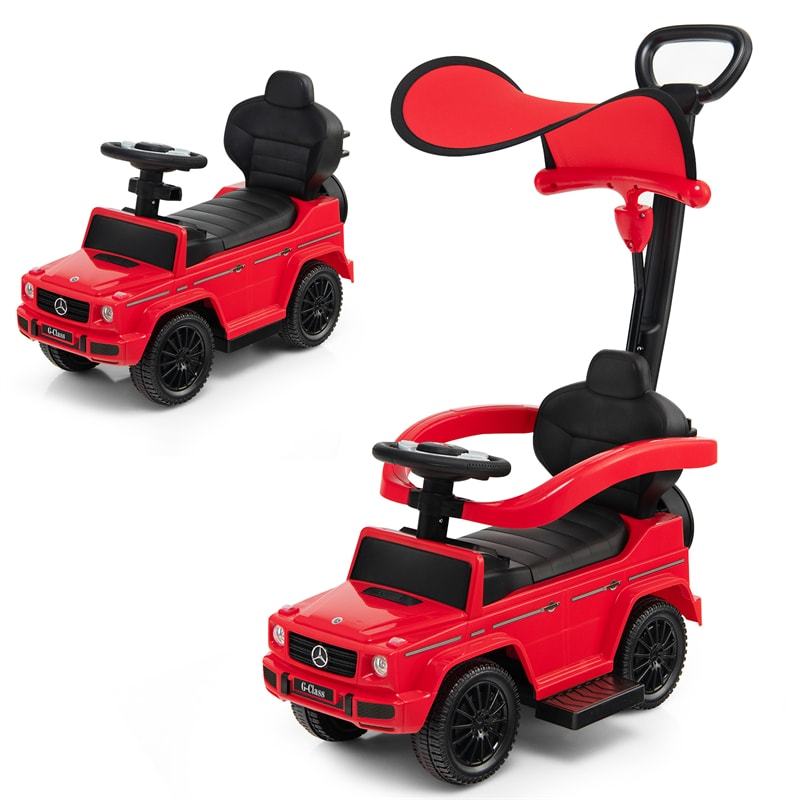3-in-1 Push Car for Toddlers, Mercedes Benz G350 Stroller Sliding Car w/Canopy, Handle, Guardrail & Storage, Foot-to-Floor Ride-On Toy for Kids
