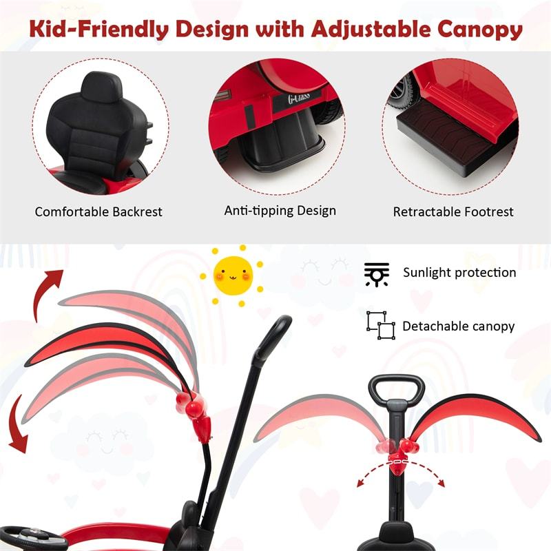 3-in-1 Push Car for Toddlers, Mercedes Benz G350 Stroller Sliding Car w/Canopy, Handle, Guardrail & Storage, Foot-to-Floor Ride-On Toy for Kids