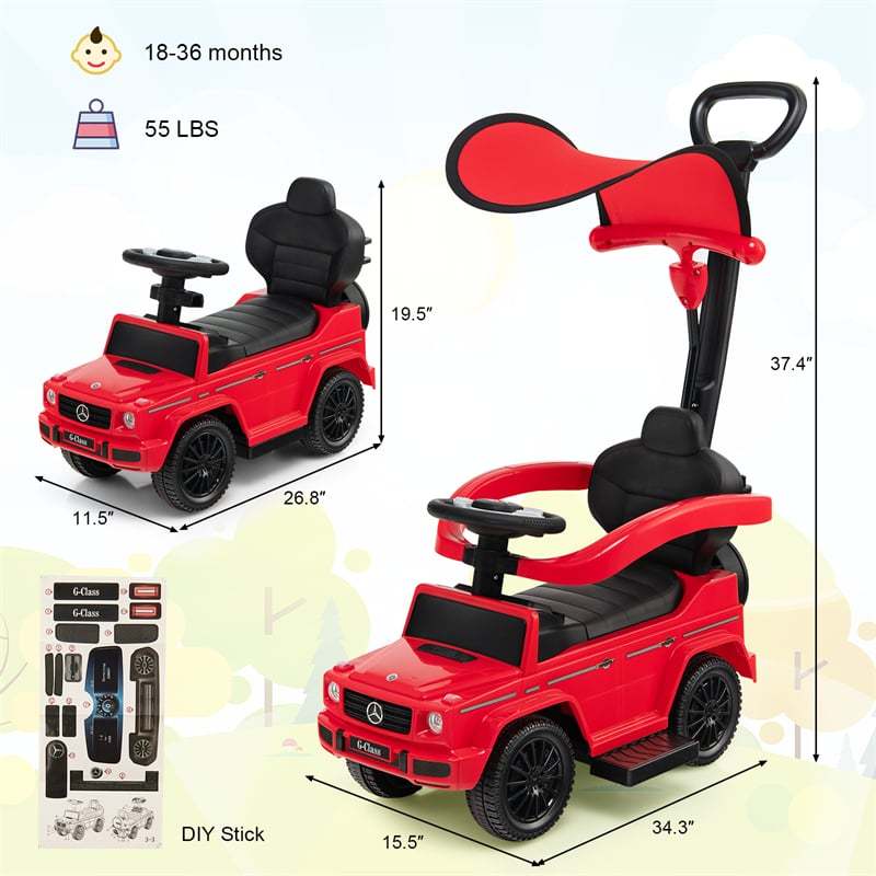 3-in-1 Push Car for Toddlers, Mercedes Benz G350 Stroller Sliding Car w/Canopy, Handle, Guardrail & Storage, Foot-to-Floor Ride-On Toy for Kids