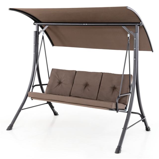 3-Seat Outdoor Porch Swing with Adjustable Canopy & Removable Cushions, Steel Frame Patio Swing for Garden, Backyard, Balcony, Poolside
