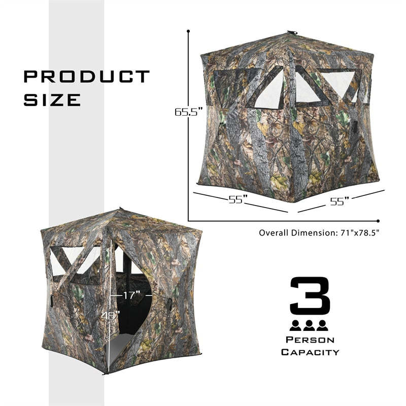 Portable Hunting Blind Pop-up Ground Blind 3-Person Camouflage Hunting Tent with Mesh Window & Carrying Bag