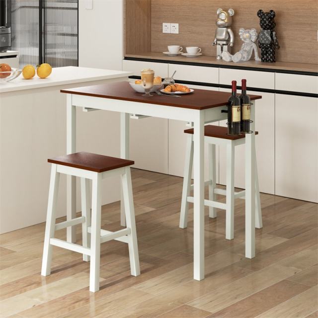 3-Piece Bar Table Set Counter Height Dining Set Space Saving Dinette Table with 2 Stools & 2 Wine Holders for Bar Kitchen Living Room