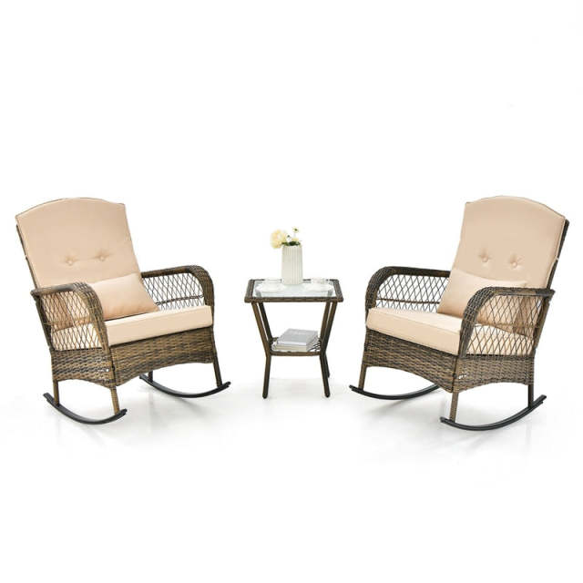 3-Piece Outdoor Wicker Rocking Bistro Set, Patio PE Rattan Rocking Chairs with Tempered Glass Side Table & Cushions for Porch, Poolside, Backyard