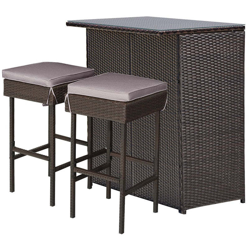 3 Piece Rattan Patio Bar Set Outdoor Wicker Bar Table & Stools Set with 2 Set of Cushion Cover