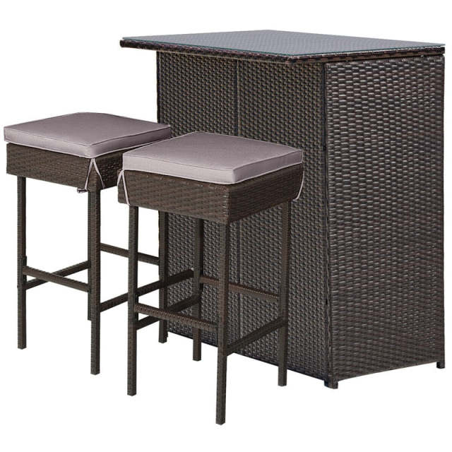3 Piece Rattan Patio Bar Set Outdoor Wicker Bar Table & Stools Set with 2 Set of Cushion Cover