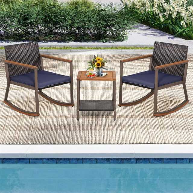 3-Piece Rattan Rocking Bistro Set w/ Cushions, Acacia Wood Top Coffee Table & Storage Shelf, Patio Conversation Set for Balcony, Porch, Poolside