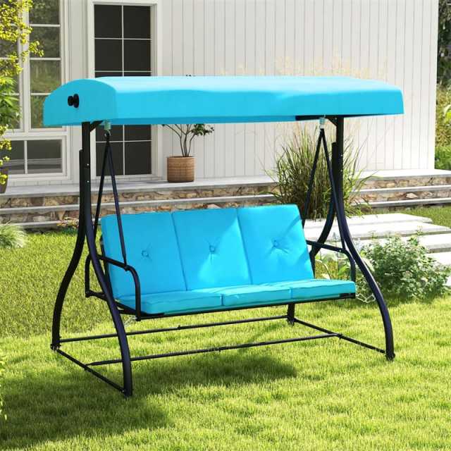 2-in-1 Convertible Patio Swing with Adjustable Canopy & Removable Cushions, Steel Frame 3-Person Outdoor Swing Bed for Deck/Backyard/Garden