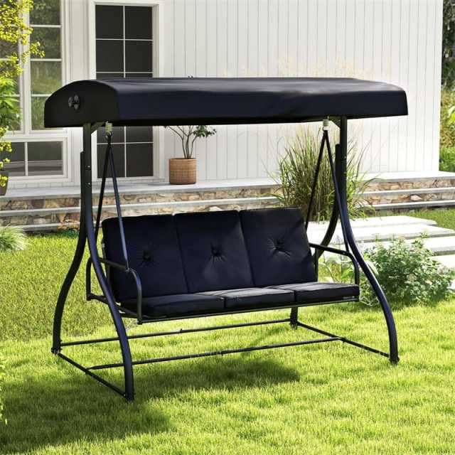 2-in-1 Convertible Patio Swing with Adjustable Canopy & Removable Cushions, Steel Frame 3-Person Outdoor Swing Bed for Deck/Backyard/Garden