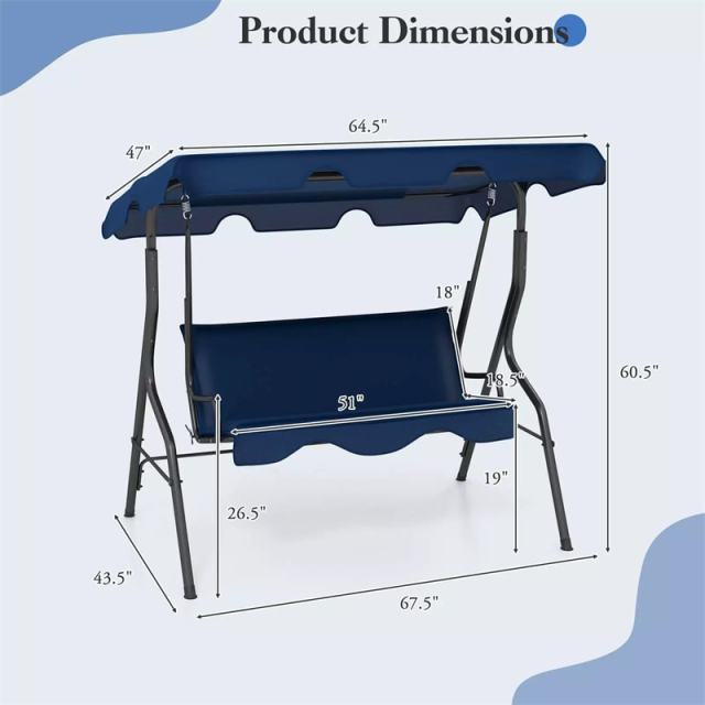 3-Seat Patio Swing with Adjustable Canopy & Removable Cushion, Powder-Coated Steel Frame Outdoor Porch Swing for Backyard, Garden, Balcony