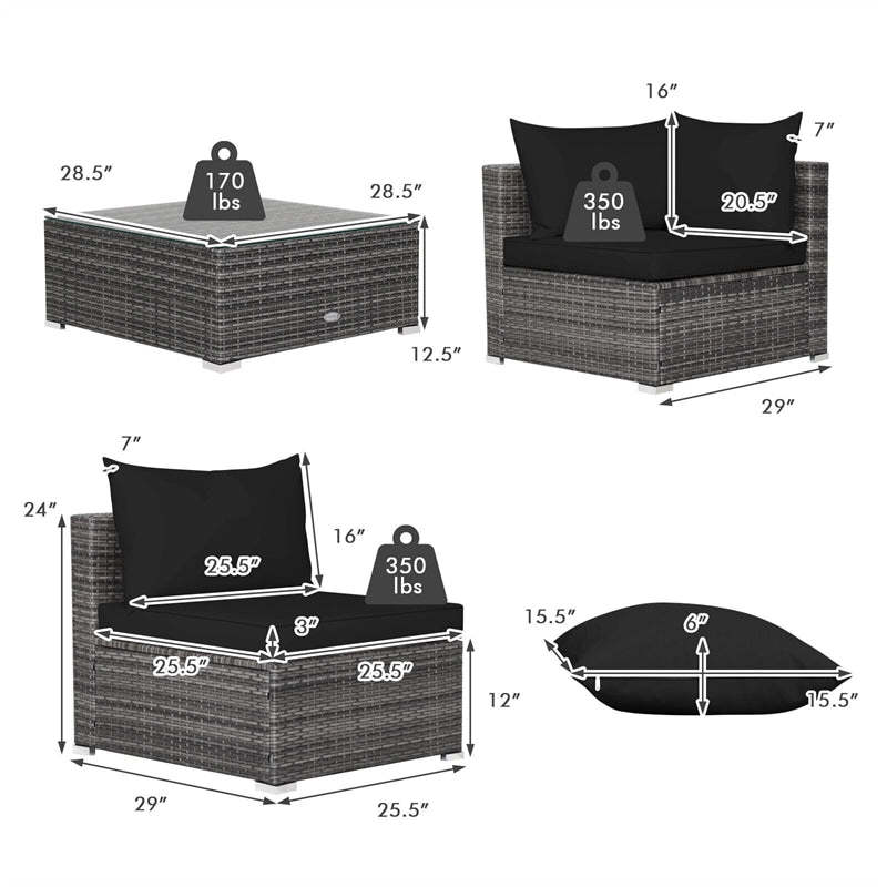 7PCS PE Rattan Modular Outdoor Sectional Set with Tempered Glass Top Table & Cushions, Patio Sofa Furniture for Backyard, Poolside Garden