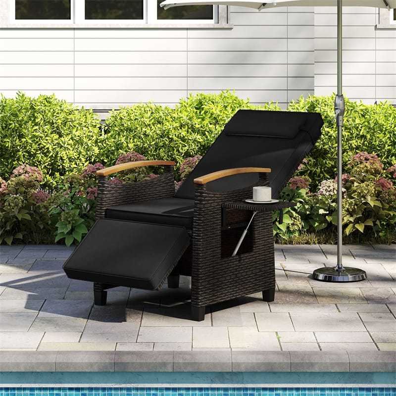 Outdoor Wicker Recliner Chair with Adjustable Backrest, Footrest, Flip Side Table & Cushion, Patio Rattan Chaise Lounge for Backyard Porch