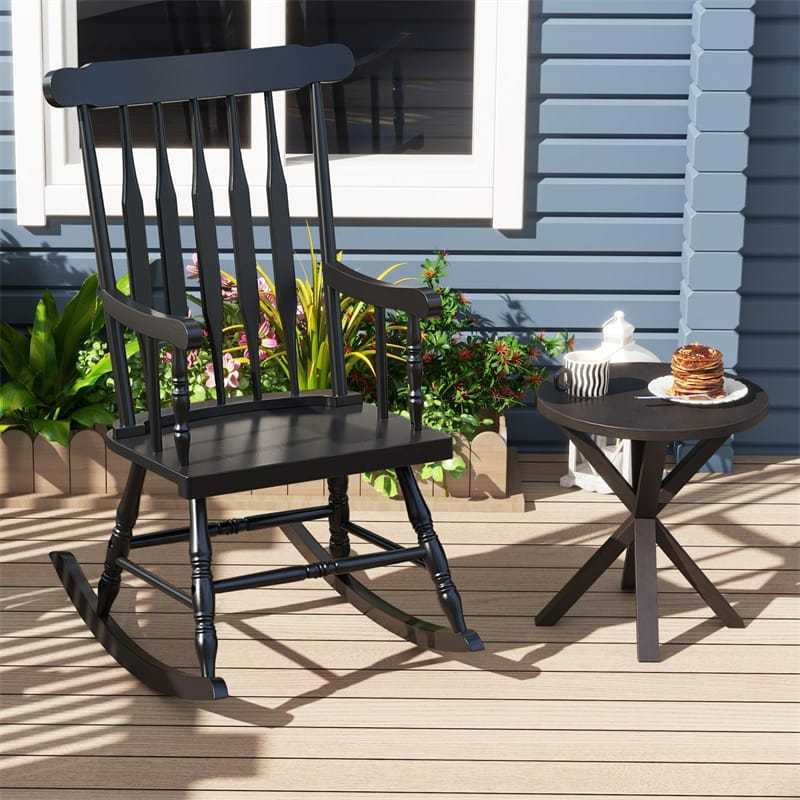 Solid Rubber Wood Patio Rocking Chair, Outdoor Porch Rocker with Slat Back & Glossy Finish for Garden, Backyard, Indoor Use