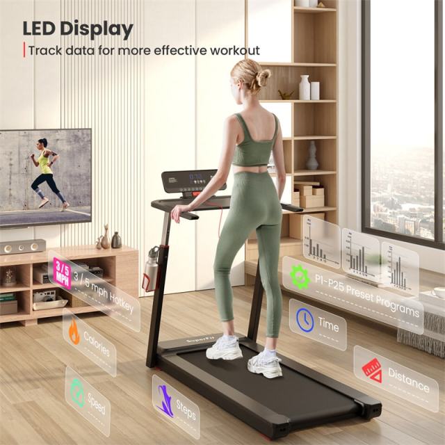 3HP Folding Treadmill w/Desk, Adjustable Height, APP Control, LED Display & 25 Preset Programs, Compact Walking Running Machine for Home Office