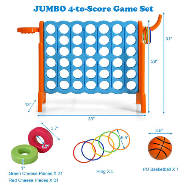 Giant 4-in-A-Row Game Set, Jumbo 4-to-Score Lawn Game with Basketball Hoop, 42 Rings, Quick-Release Slider for Kids & Adults, Indoors Outdoors