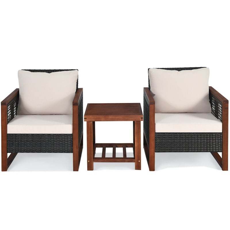 3 Piece Wicker Patio Bistro Set Rattan Conversation Sofa Chair with Acacia Wood Coffee Table & Cushions