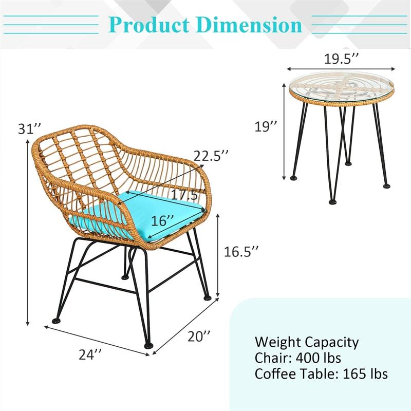 3 Piece Rattan Patio Bistro Set Wicker Conversation Set with Glass Coffee Table & Cushioned Armchairs