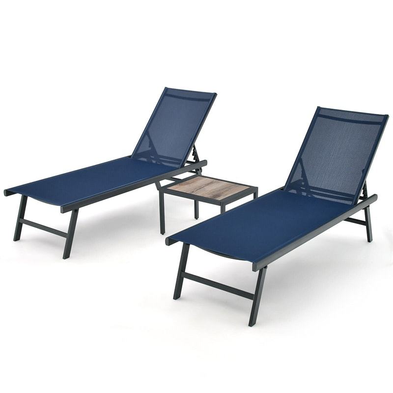 3-Piece Outdoor Aluminum Chaise Lounge Set with Side Table, 6-Position Adjustable Backrest Patio Lounge Chair for Poolside & Backyard