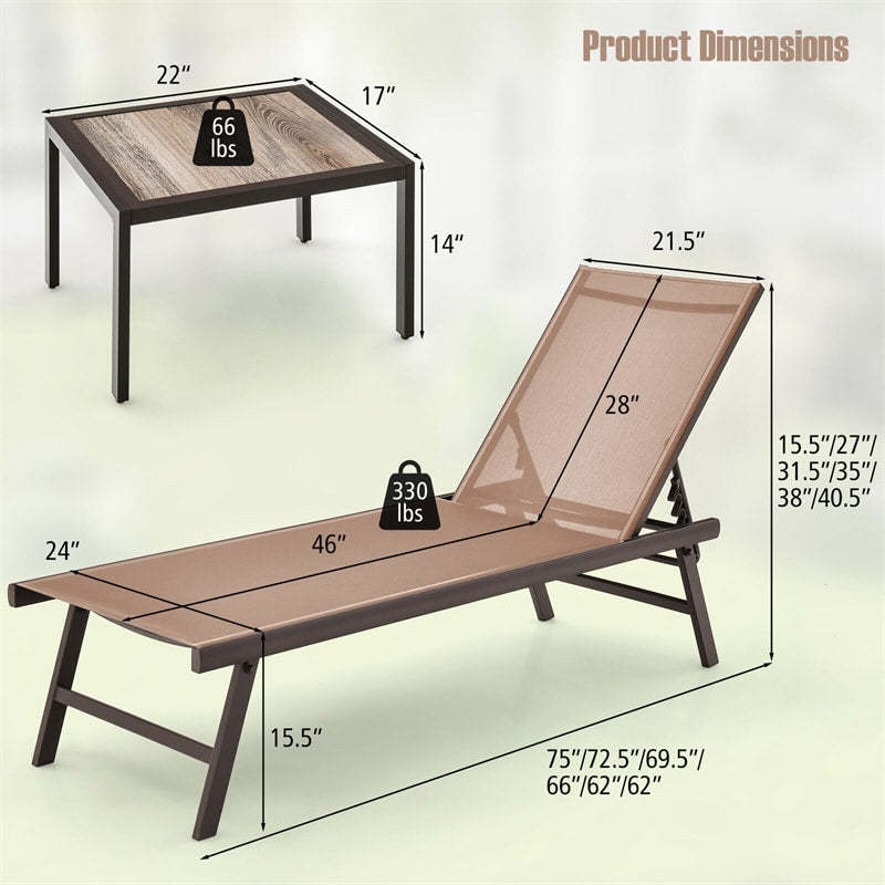 3-Piece Outdoor Aluminum Chaise Lounge Set with Side Table, 6-Position Adjustable Backrest Patio Lounge Chair for Poolside & Backyard