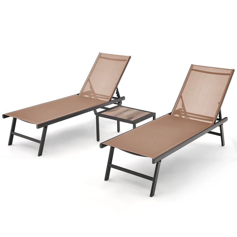 3-Piece Outdoor Aluminum Chaise Lounge Set with Side Table, 6-Position Adjustable Backrest Patio Lounge Chair for Poolside & Backyard
