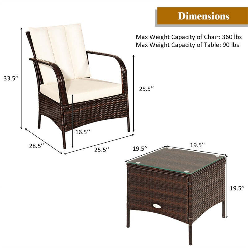 3PCS Patio Rattan Furniture Set with 2 Chairs, Cushions & Tempered Glass Top Coffee Table, Outdoor Wicker Conversation Set for Garden Deck