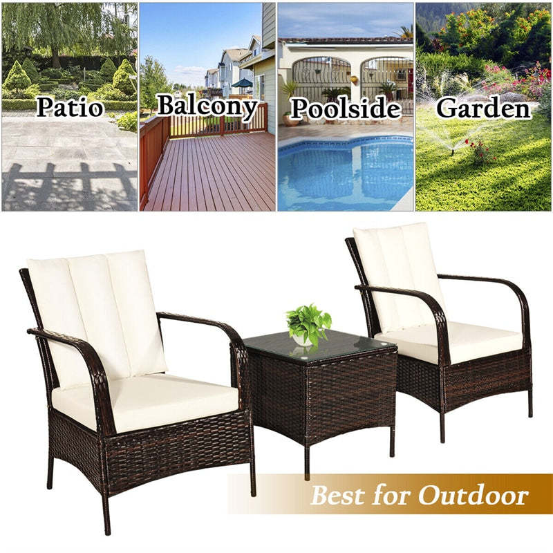 3PCS Patio Rattan Furniture Set with 2 Chairs, Cushions & Tempered Glass Top Coffee Table, Outdoor Wicker Conversation Set for Garden Deck