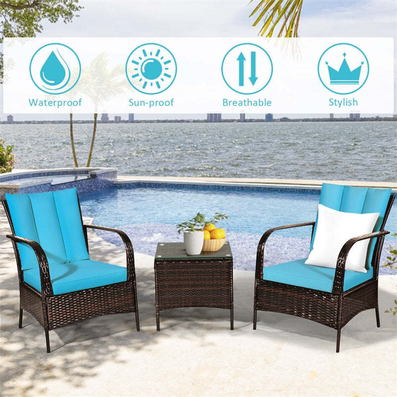 3PCS Patio Rattan Furniture Set with 2 Chairs, Cushions & Tempered Glass Top Coffee Table, Outdoor Wicker Conversation Set for Garden Deck