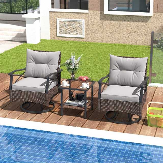 3-Piece Patio Swivel Rocker Set, Outdoor Rocking Chairs with 2-Tier Tempered Glass Coffee Table, Cozy Seat & Back Cushions for Garden, Backyard