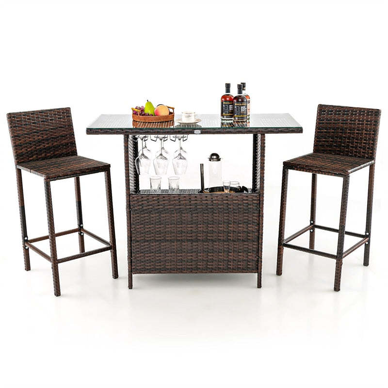 3 Piece Outdoor Bar Set Patio Wicker Bar Height Table and Chairs Set with Hidden Storage Shelf & 3 Rows Stemware Racks for Garden Yard Poolside