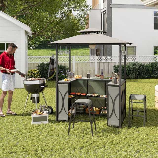 3 Piece Patio Bar Set, Grill Gazebo with 2 Bar Stools, Tempered Glass Bar Table, Double-Tier Canopy, Metal Storage Shelves for Garden, Poolside