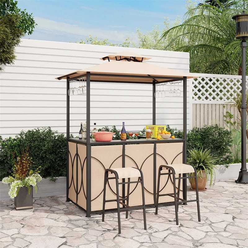 3 Piece Patio Bar Set, Grill Gazebo with 2 Bar Stools, Tempered Glass Bar Table, Double-Tier Canopy, Metal Storage Shelves for Garden, Poolside