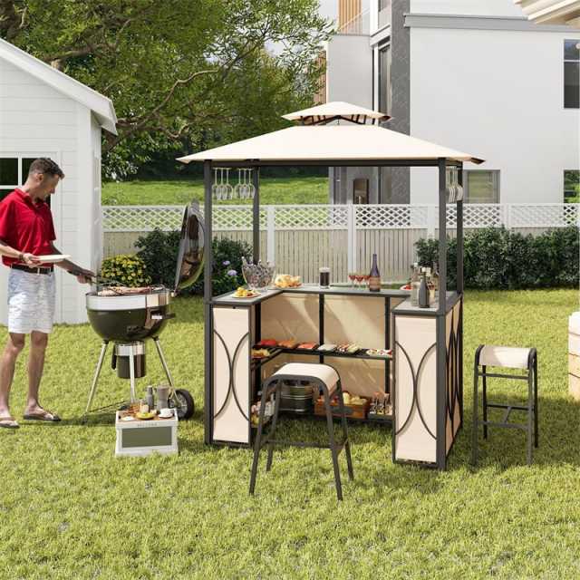 3 Piece Patio Bar Set, Grill Gazebo with 2 Bar Stools, Tempered Glass Bar Table, Double-Tier Canopy, Metal Storage Shelves for Garden, Poolside