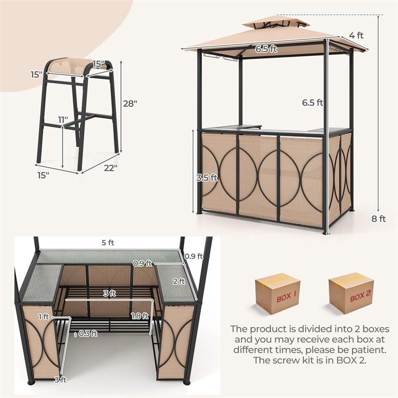 3 Piece Patio Bar Set, Grill Gazebo with 2 Bar Stools, Tempered Glass Bar Table, Double-Tier Canopy, Metal Storage Shelves for Garden, Poolside