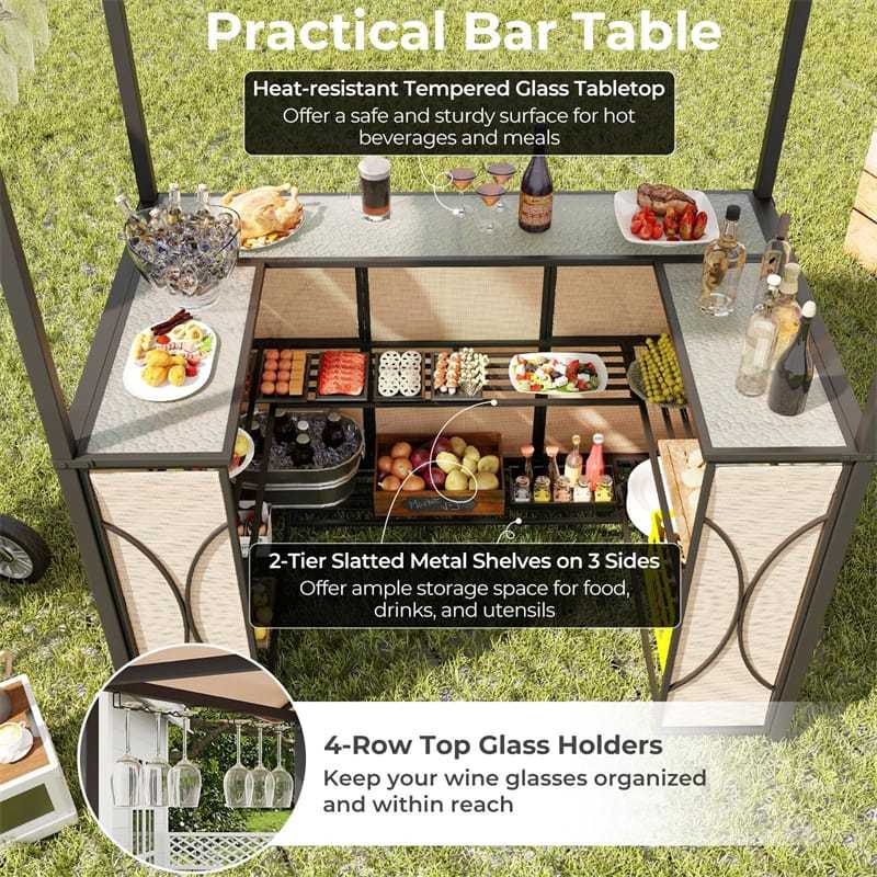 3 Piece Patio Bar Set, Grill Gazebo with 2 Bar Stools, Tempered Glass Bar Table, Double-Tier Canopy, Metal Storage Shelves for Garden, Poolside