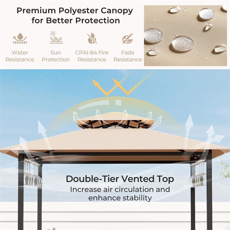3 Piece Patio Bar Set, Grill Gazebo with 2 Bar Stools, Tempered Glass Bar Table, Double-Tier Canopy, Metal Storage Shelves for Garden, Poolside
