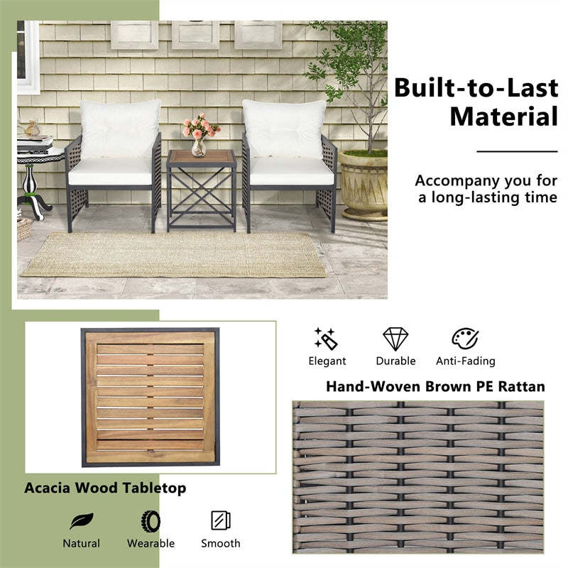 3 Piece Patio Rattan Furniture Set with 2 Cushioned Chairs, Acacia Wood Coffee Table, Heavy-Duty Metal Frame Outdoor Wicker Conversation Set