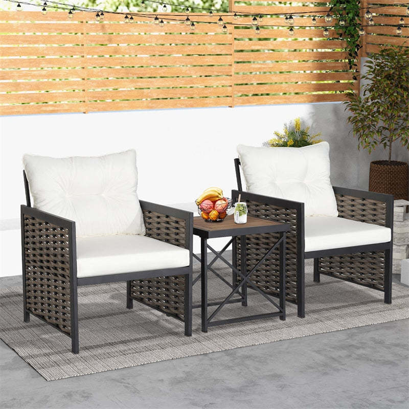 3 Piece Patio Rattan Furniture Set with 2 Cushioned Chairs, Acacia Wood Coffee Table, Heavy-Duty Metal Frame Outdoor Wicker Conversation Set