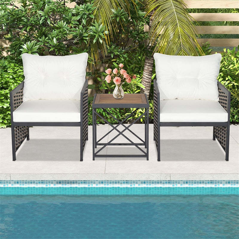 3 Piece Patio Rattan Furniture Set with 2 Cushioned Chairs, Acacia Wood Coffee Table, Heavy-Duty Metal Frame Outdoor Wicker Conversation Set
