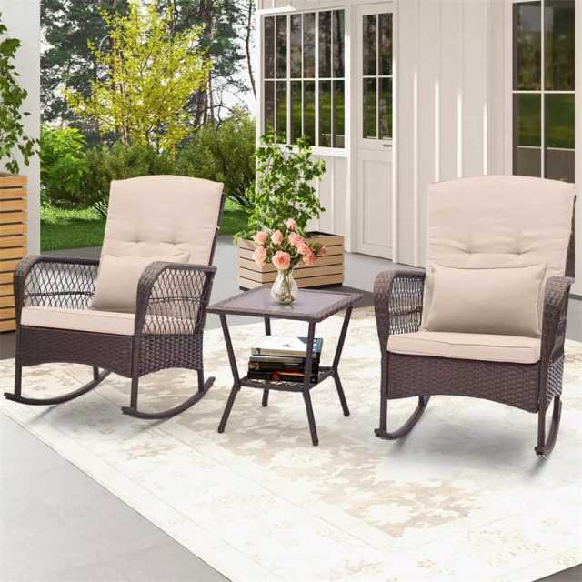 3-Piece Rattan Patio Rocker Set with 2 Rocking Chairs, Tempered Glass Coffee Table & Cushions, Outdoor Bistro Set for Porch, Poolside, Backyard
