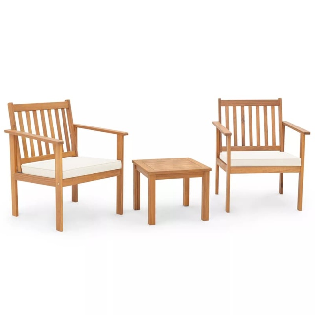 3 Pieces Patio Wood Furniture Set Acacia Wood Chairs & Coffee Table Set with Soft Seat Cushions & Slatted Design for Porch Yard Balcony